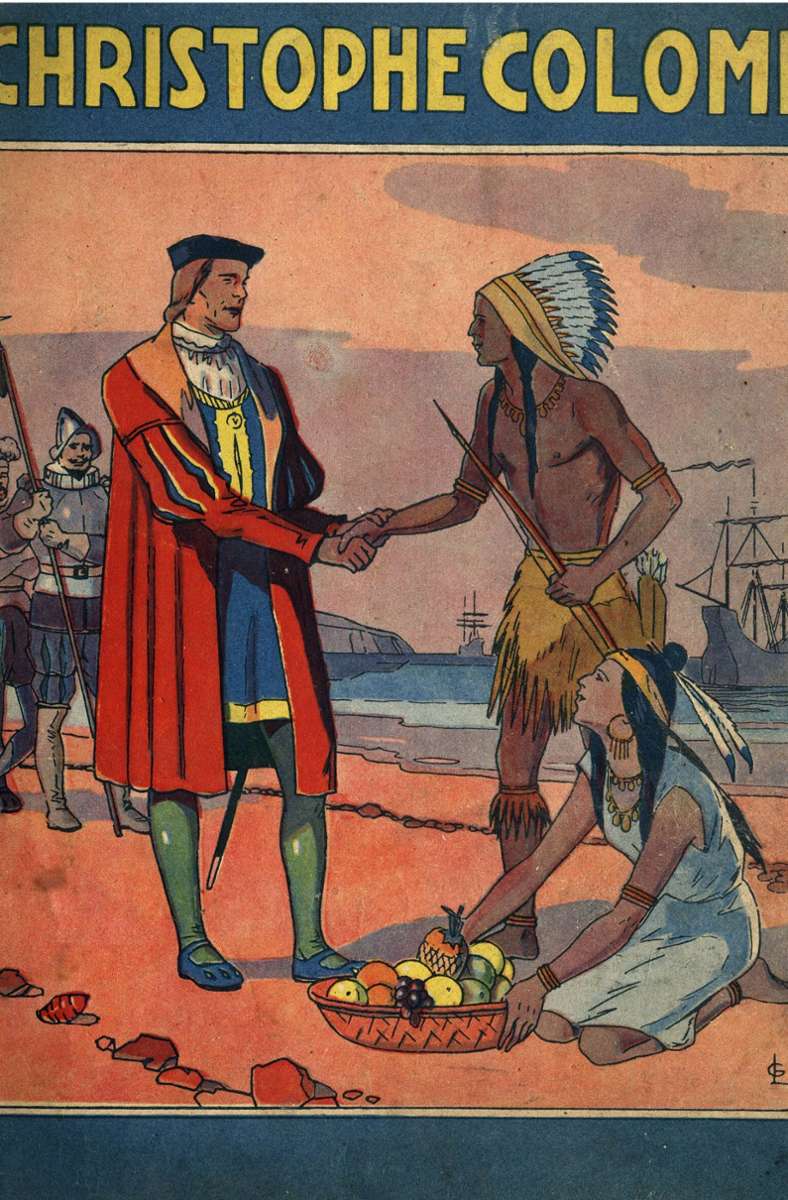 Verklärende Darstellung des ersten Kontakts, entstanden um 1930 – bis heute wird in den USA der Kolumbus-Tag gefeiert.