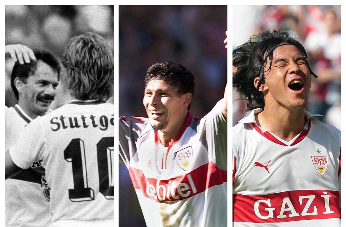 VfB-Jubel im Saisonfinale: Hermann Ohlicher 1985, Krassimir Balakov 2001 und  Shinji Okazaki 2011. In unserer Bildergalerie blicken wir auf die Heimspiele zurück, in denen der VfB den Klassenverbleib klarmachte.