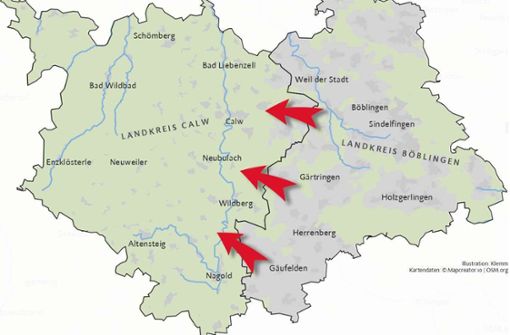 Einige Vereine aus dem Kreis Böblingen flüchten in den neuen Bezirk Nordschwarzwald. Foto: Klemm/Kartendaten: Mapcreator.io/OSM.org