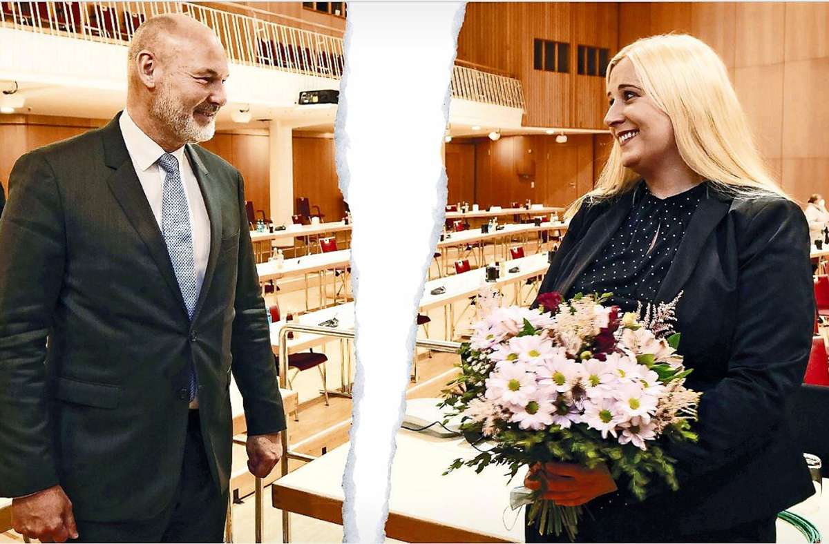 Die Gratulationsszene am  Abend ihrer Wahl Anfang Mai 2021 ist eines  der wenigen Fotos, auf denen Josefa Schmid und Martin Georg Cohn zusammen zu sehen sind. Foto: Simon Granville/STZN