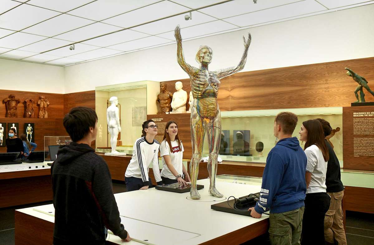Schüler mit der sogenannten Gläsernen Frau, einem anatomische Menschenmodell aus Kunststoff. Vorgängermodelle wurden in Dresden erstmals zur Internationalen Hygiene-Ausstellung 1930 der Öffentlichkeit präsentiert.