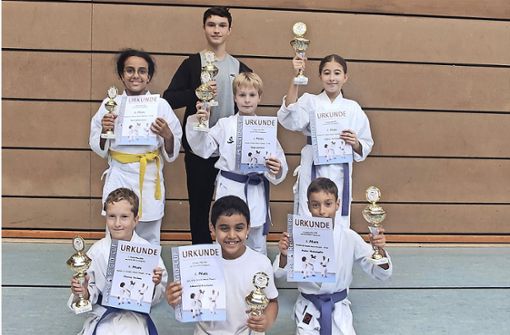 Die jungen Karateka von der SV Böblingen haben gut Lachen: Sie alle brachten einen Pokal vom Kumite-Wettbewerb beim Regio-Cup mit nach Hause. Foto: privat