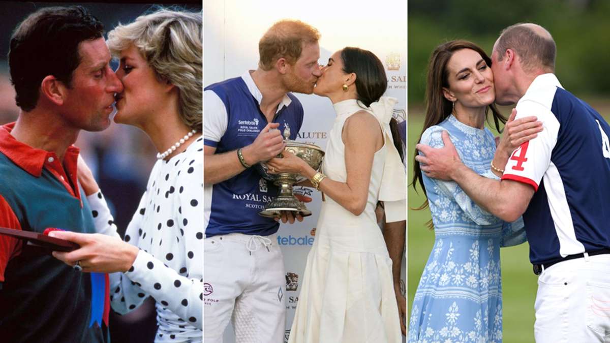 Beim Polo wird geküsst (von links): Prinz Charles und Prinzessin Diana, Prinz Harry und Herzogin Meghan und Prinzessin Kate und Prinz William.