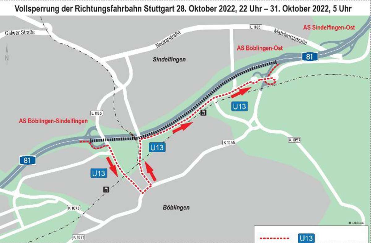 Zwischen Böblingen und Sindelfingen: A 81 Richtung Stuttgart vom 28. bis 31. Oktober  gesperrt