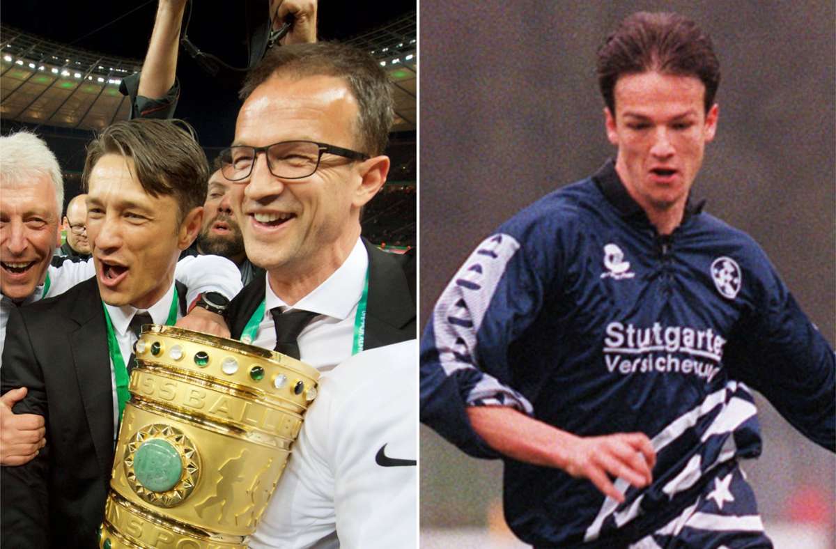 Fredi Bobic gewann mit Eintracht Frankfurt 2018 den DFB-Pokal (links) und stürmte von 1992 bis 1994 für die Stuttgarter Kickers (rechts). Foto: Baumann