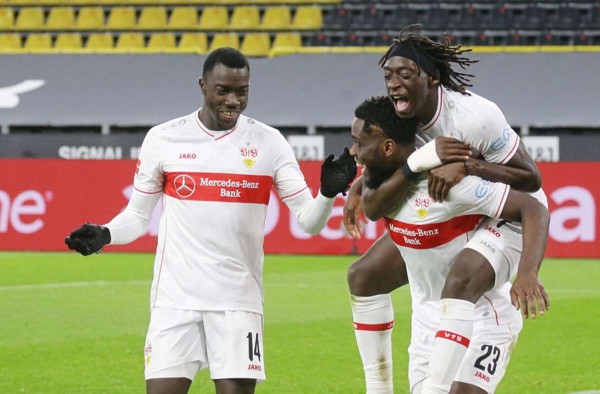 Silas (links) und Orel Mangala (Mitte) sind die zwei wertvollsten VfB-Spieler. Tanguy Coulibaly steht derzeit bei 5 Millionen Euro.