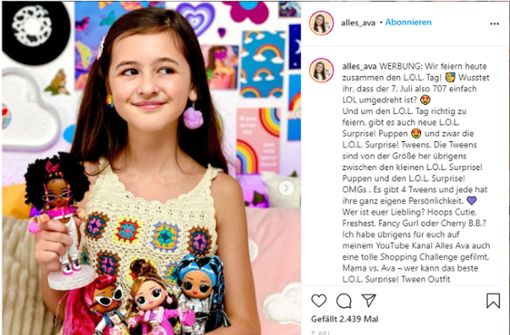 Die zehnjährige Ava wirbt auf ihrem Instagram-Kanal „alles_ava“  für Puppen. Foto: Instagram/Adobe Stock/Fredy Sujono, leo_d