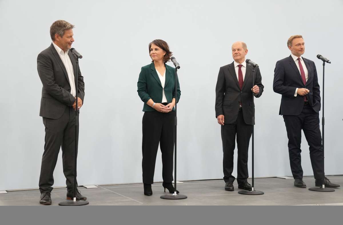Robert Habeck, Annalena Baerbock,  Olaf Scholz und Christian Lindner (v.l.) Foto: dpa/Kay Nietfeld