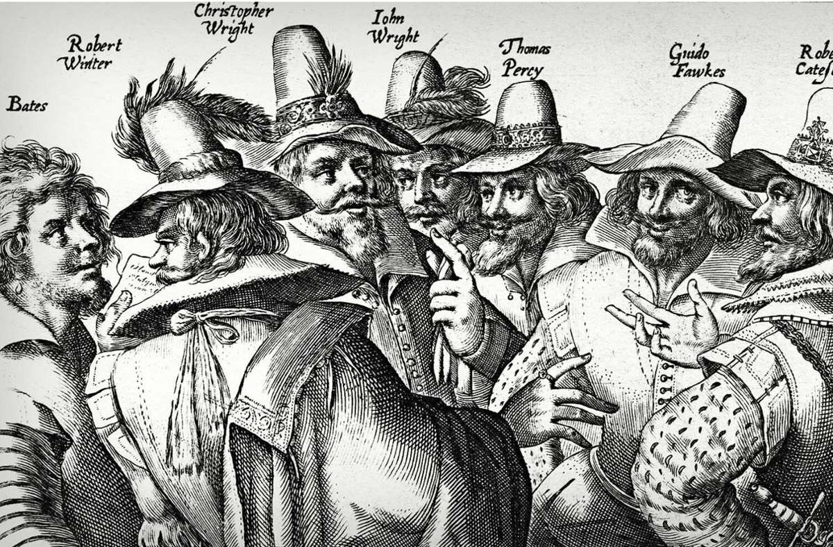 Guy Fawkes (Zweiter von rechts) und seine Mitverschwörer wollten das Parlament in London in die Luft sprengen.