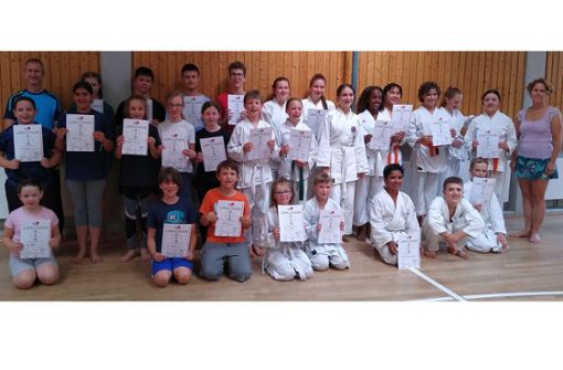 Nur einige der Karateka, die sich über ihre bestandene Prüfung freuen: Insgesamt traten bei der SV Böblingen zuletzt 67 von ihnen an. Foto: privat