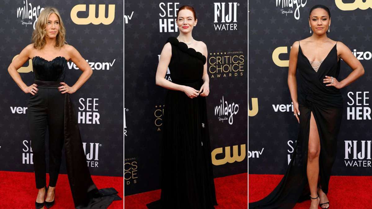 Schwarz war die Farbe der Critics Choice Awards: Jennifer Aniston, Emma Stone und Ariana DeBose (von links) griffen alle zu der Nichtfarbe.