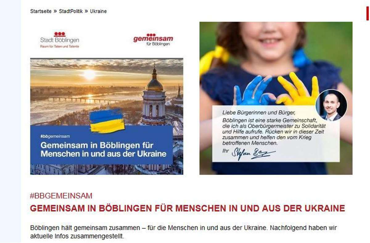 Böblinger Homepage: Stadt richtet eigene Unterseite für Ukraine-Hilfe ein
