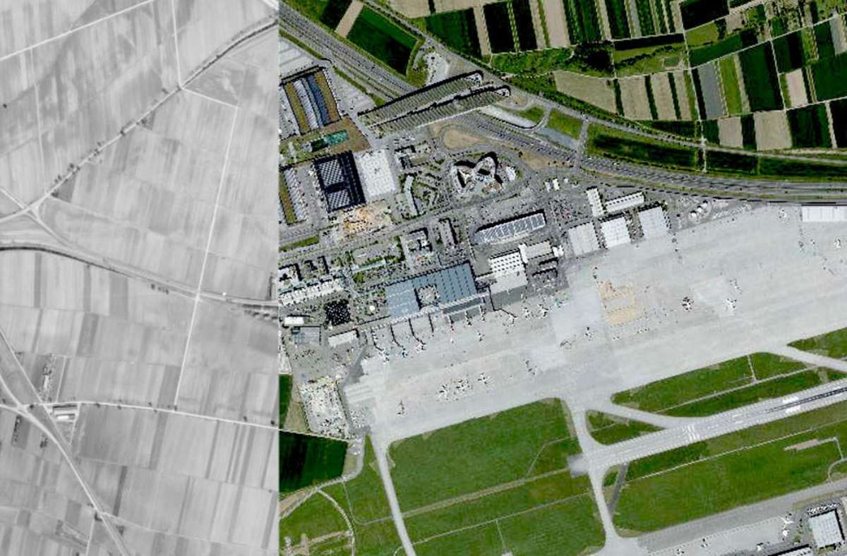 Einst Feld, heute Flughafen und Landesmesse: Luftbilder-Vergleich auf den Fildern 1968 und heute. Weitere Eindrücke aus dem Online-Luftbilderatlas zeigt die Fotostrecke.