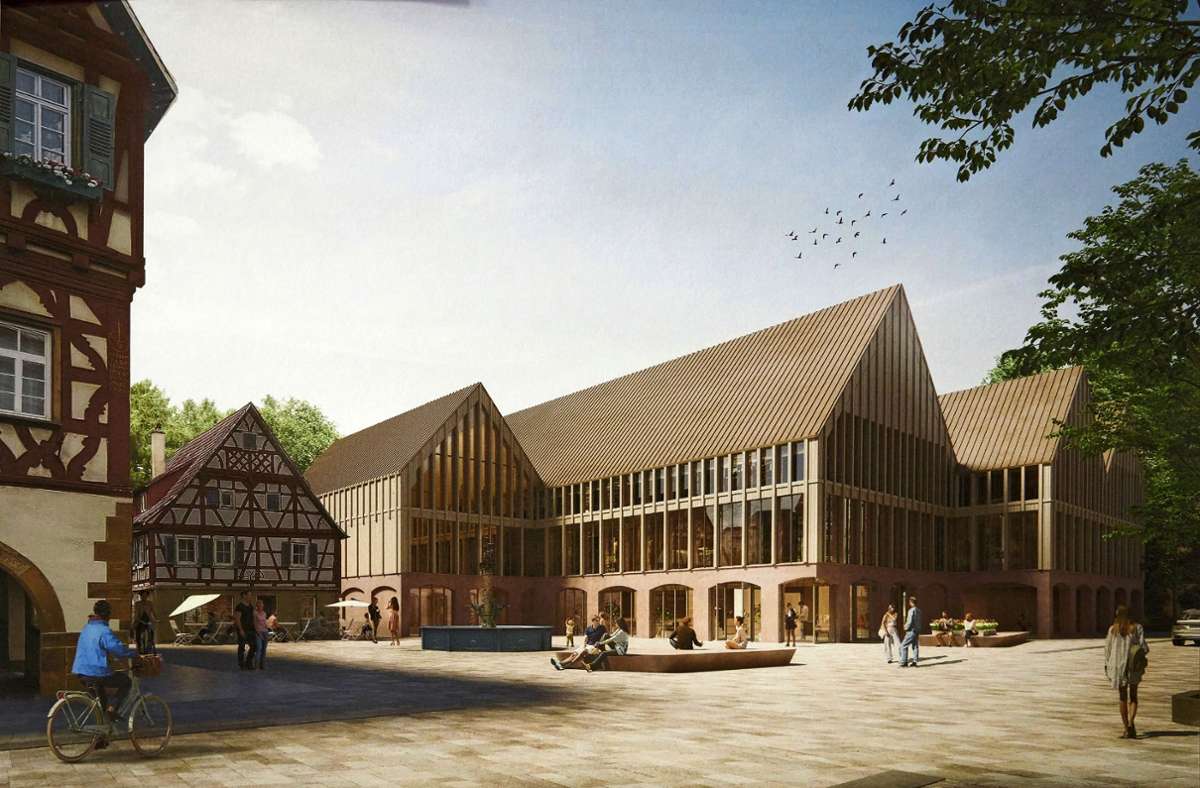 Das neue Gebäudeensemble am Marktplatz ist in moderner Fachwerkoptik angedacht. Es wird gegenüber dem alten Rathaus (ganz links) entstehen. Foto: Baumann & Dürr