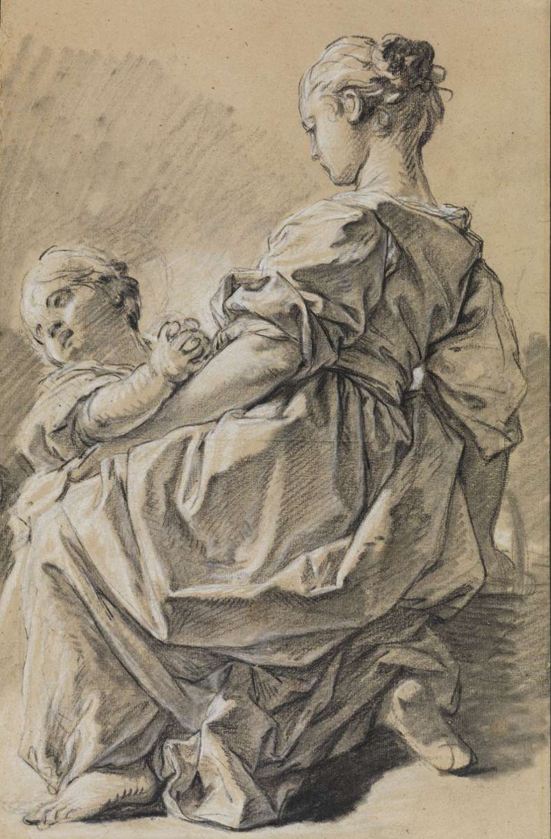 Die Faltenwürfe sind exquisit: „Kniende junge Frau mit Kind“ (um 1750)