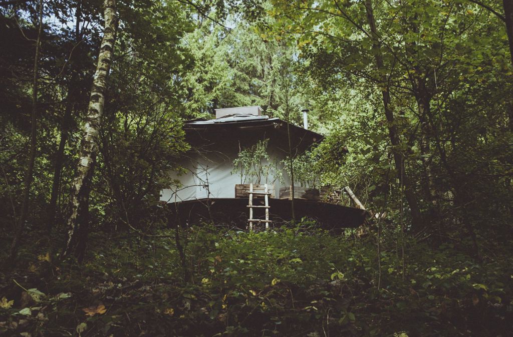 Von einem nahe gelegenen Weg aus sieht man die Hütte  mitten im Wald.