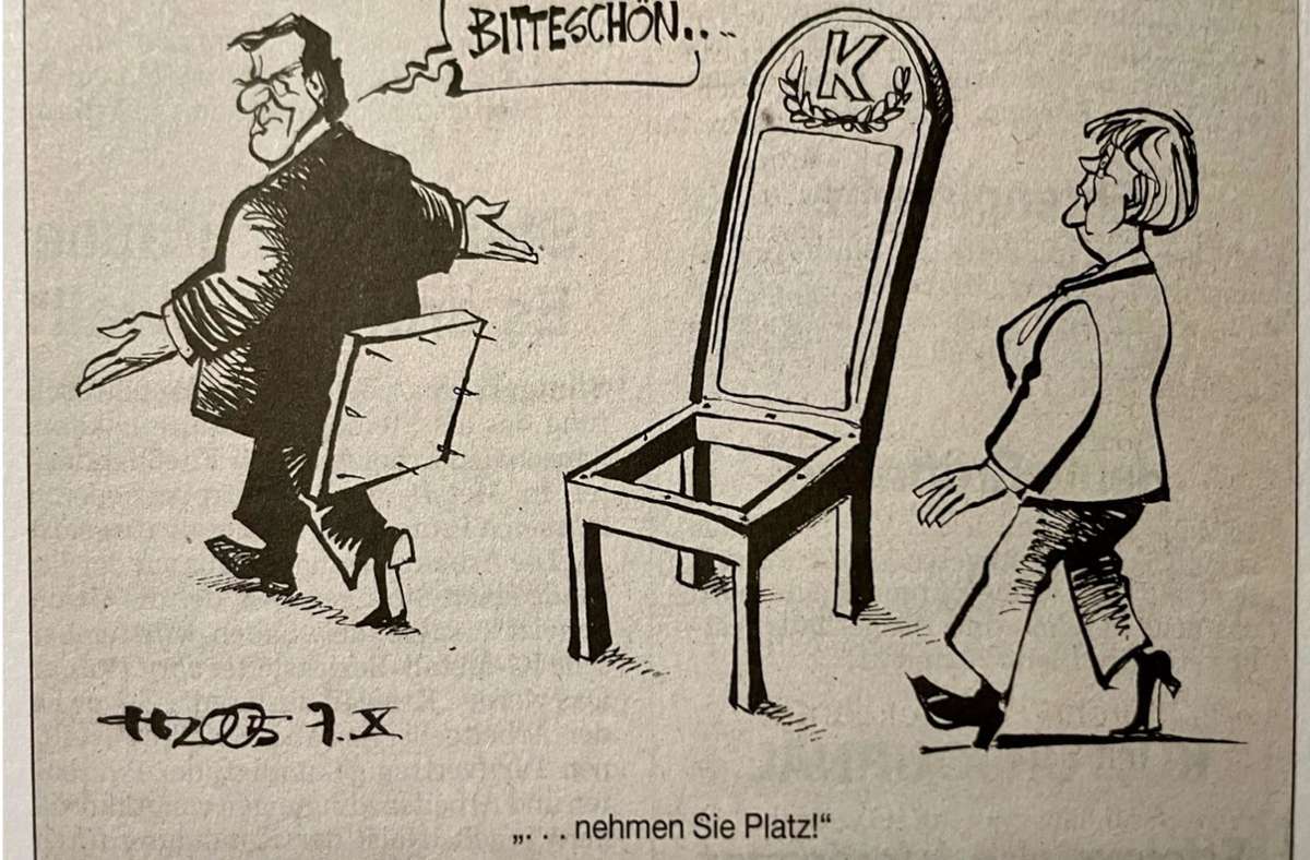 Gerhard Schröder klebt offenbar noch an seinem Stuhl am 7. Oktober 2005
