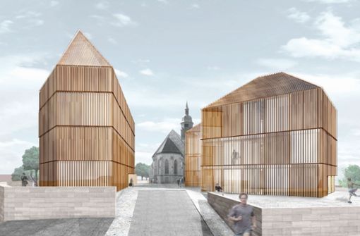 Zu groß geratene Nachbarn?  Der Entwurf für die Musik- und Kunstschule sieht drei Gebäudekörper an der Stadtkirche vor. Foto: Barkow Leibinger