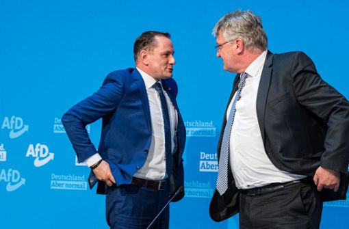 AfD-Chef Jörg Meuthen (rechts) verliert den Machtkampf in der Partei, das Bild zeigt ihn mit Co-Vorsitzendem Tino Chrupalla. Foto: AFP/Jens Schlueter