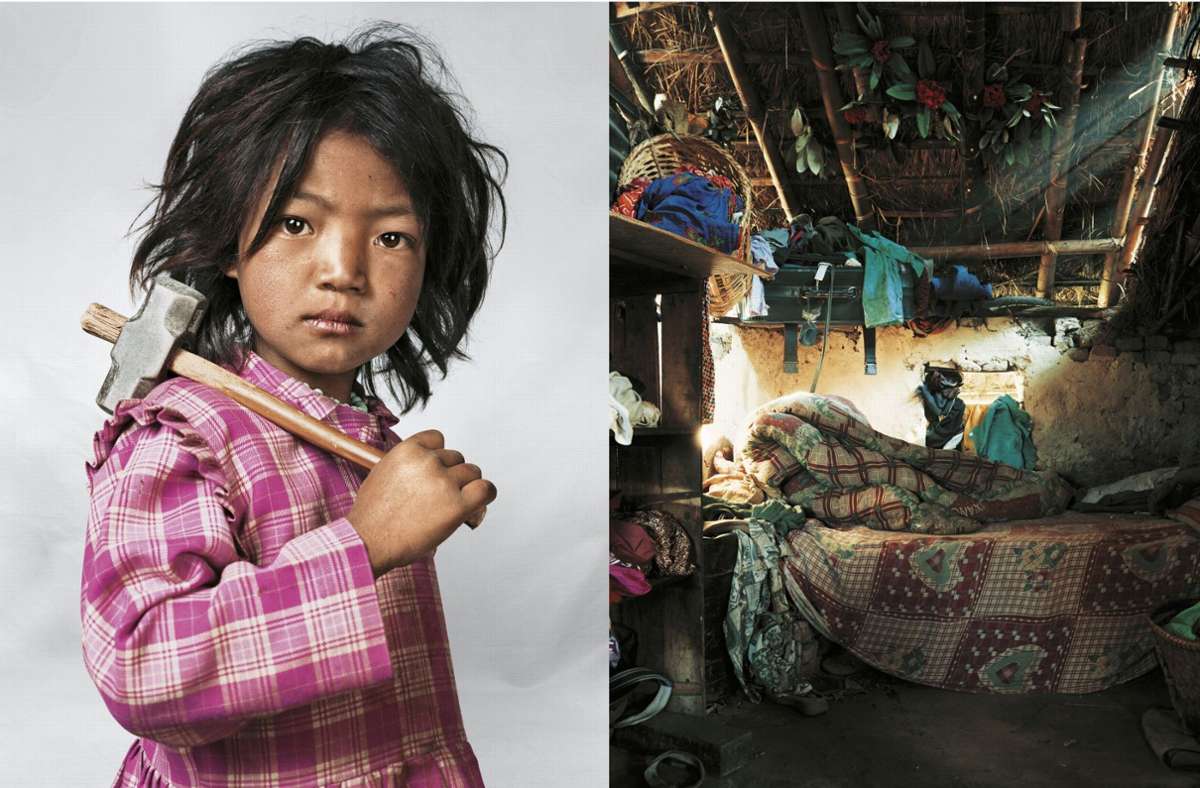 Die 7-jährige Indira aus Nepal arbeitet tagsüber in einem Steinbruch und schläft nachts mit ihren Geschwistern auf einer Matratze auf dem Boden in der kleinen Hütte der Familie.