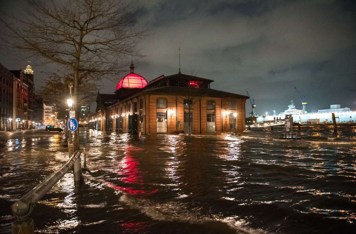 Der überschwemmte Fischmarkt in Hamburg