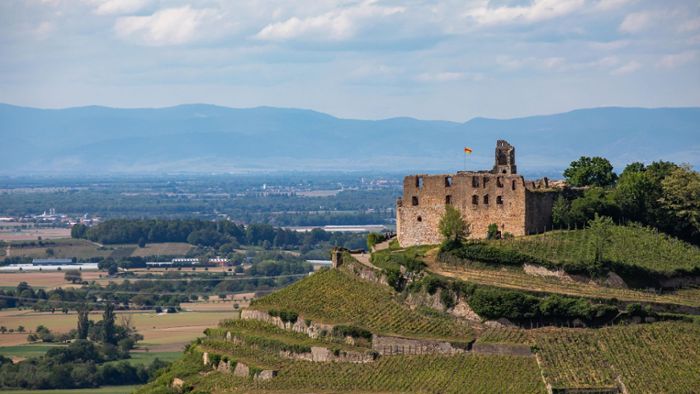 Ruine Burg Staufen südlich von Freiburg: Wände von Burg mit Hakenkreuzen beschmiert