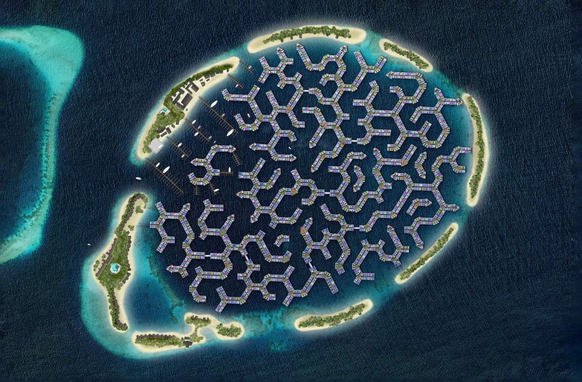 So könnte das Netzwerk schwimmender Häuser und Inseln einmal aussehen. Es soll ein neuer Teil der Hauptstadt Malé werden.