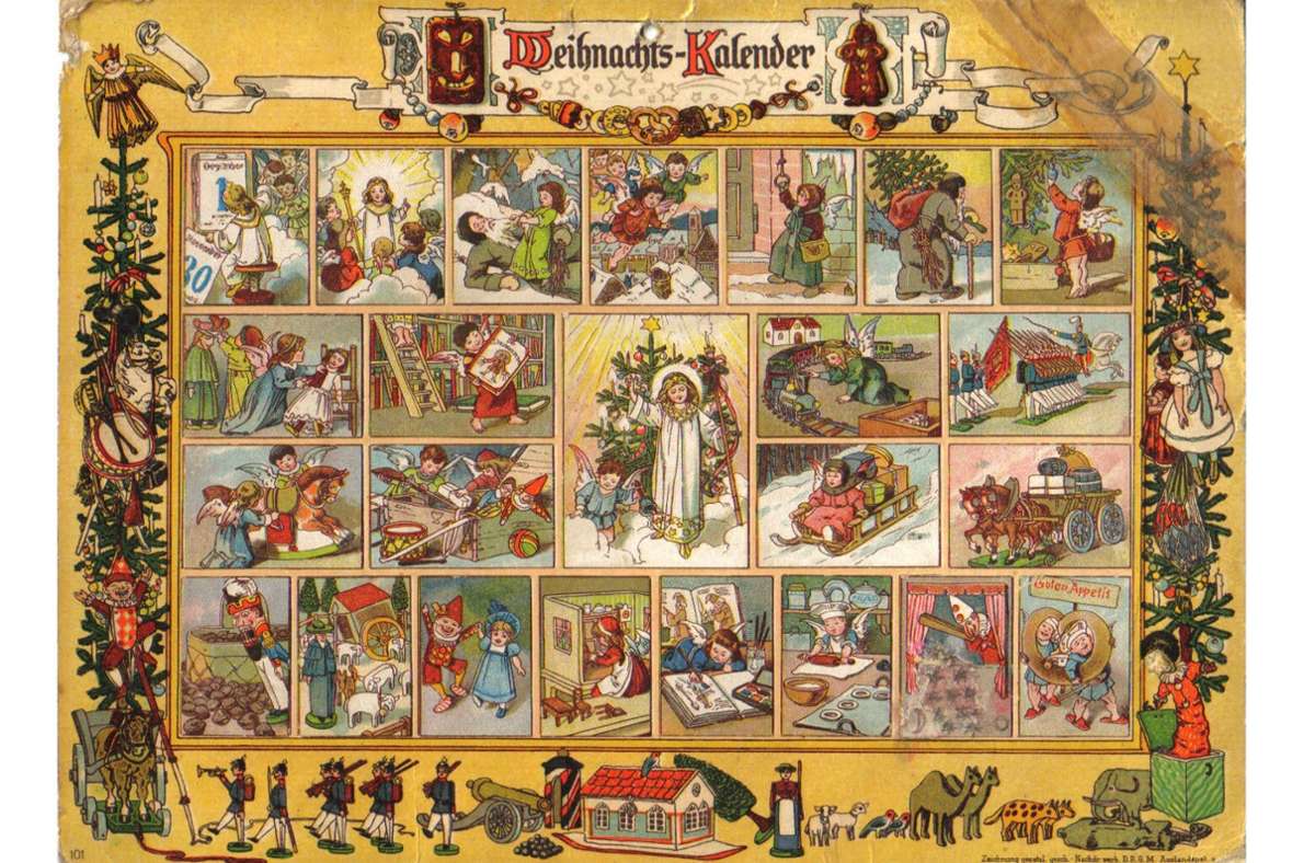 1903  druckte der Münchner Verleger Gerhard Lang einen Kalender, den er „Im Lande des Christkinds“ nannte. Er bestand aus einem Bogen mit 24 Ausschneidebildern und einem Bogen mit 24 Feldern zum Aufkleben (Nachdruck aus dem Jahr 1915).