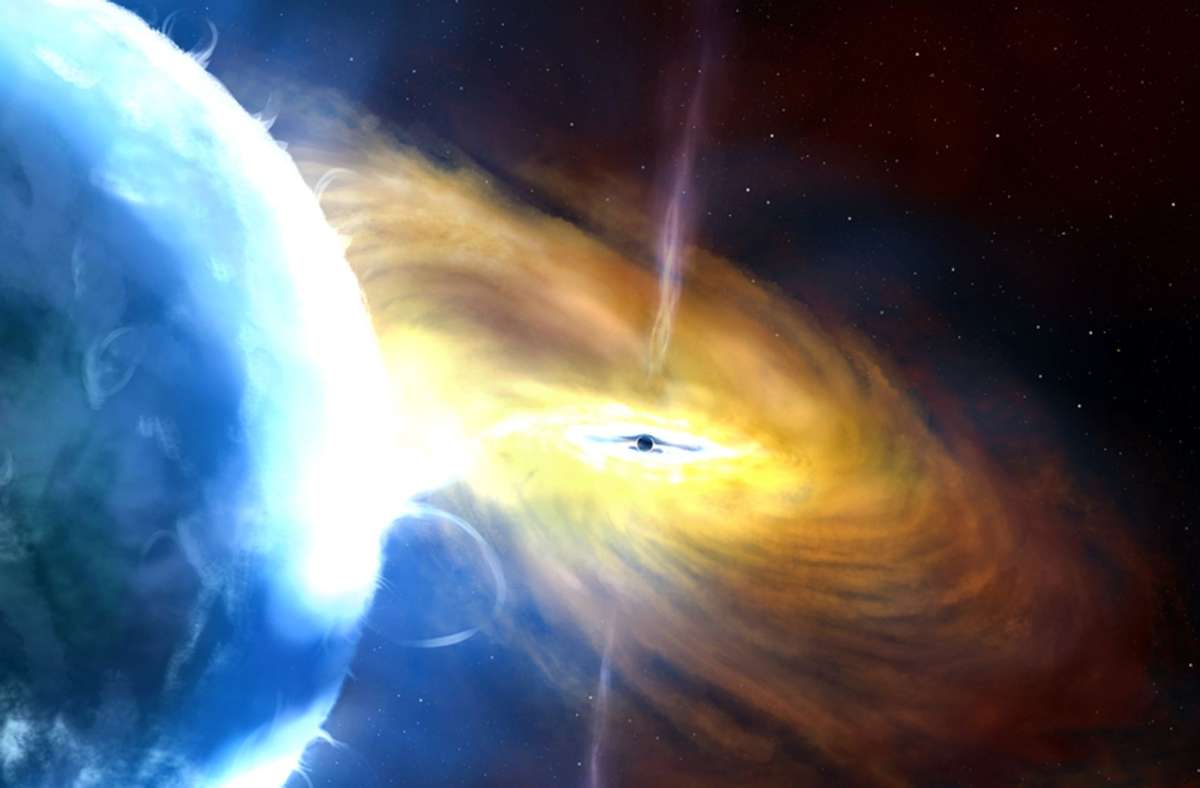 Die am 11. Mai 2023 von der Universität von Southampton herausgegebene Illustration zeigt eine künstlerische Darstellung der gravitationsbedingten Massenzunahme durch Aufsammeln von Materie durch ein  Schwarzes Loch.