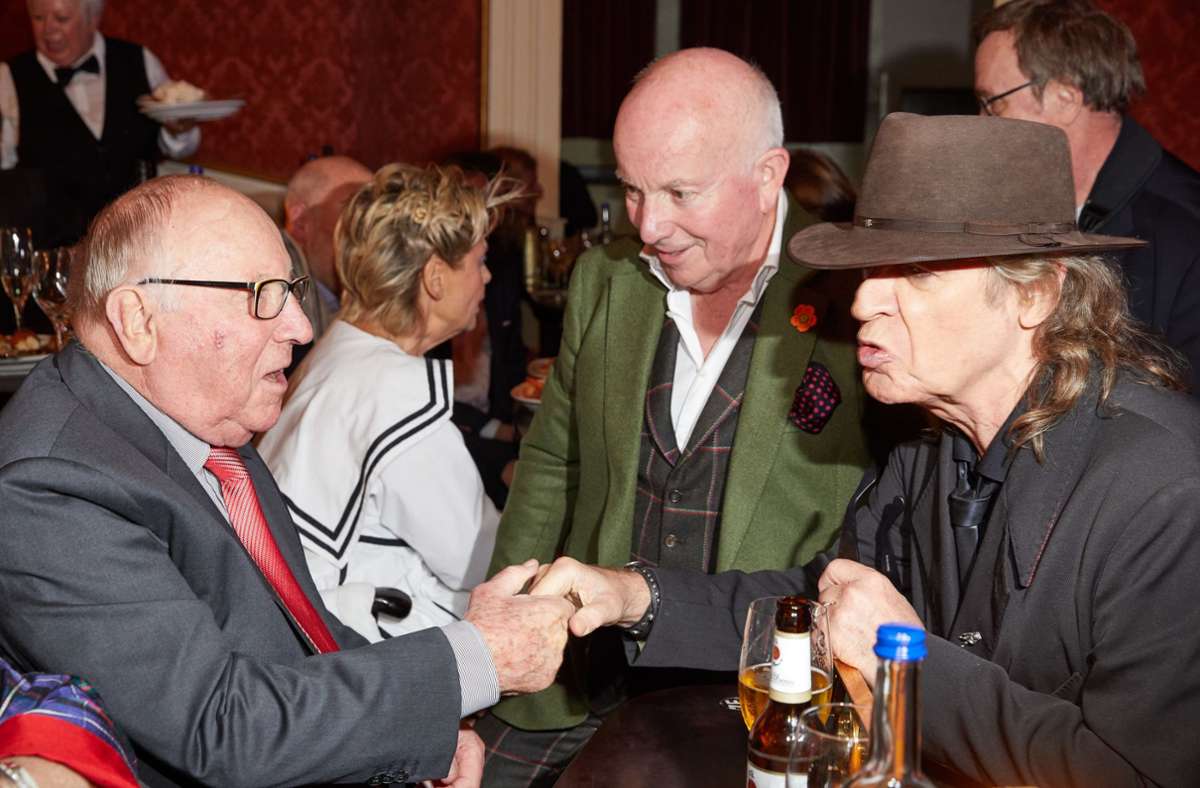 Uwe Seeler (links), Sänger Udo Lindenberg (rechts) und Autor Horst Schroth im Jahr 2019