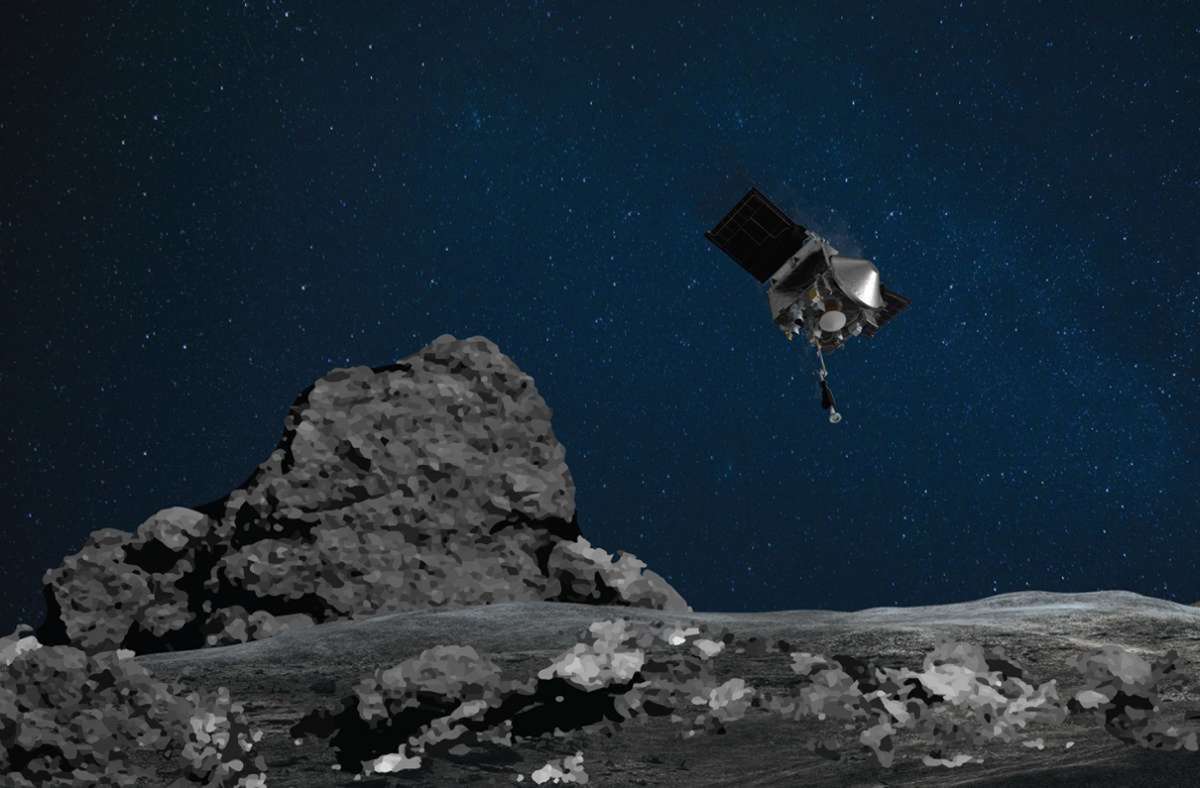 Die Raumsonde „Osiris-Rex“ nähert sich dem Asteroiden Bennu (künstlerische Darstellung). In der Nacht zum 21. Oktober hatte sich die Nasa-Raumsonde erfolgreich dem Asteroiden bis auf wenige Meter genähert und Bodenproben gesammelt (künstlerische Darstellung).