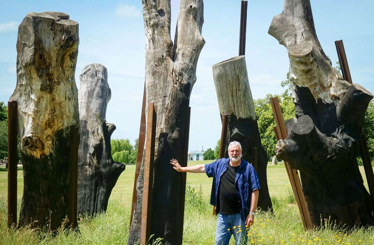Werk mit Autor: Die Bäume, die für S 21 fallen mussten, hat Michael  Lange in Leonberg zu Kunst verarbeitet. Foto: Simon Granville