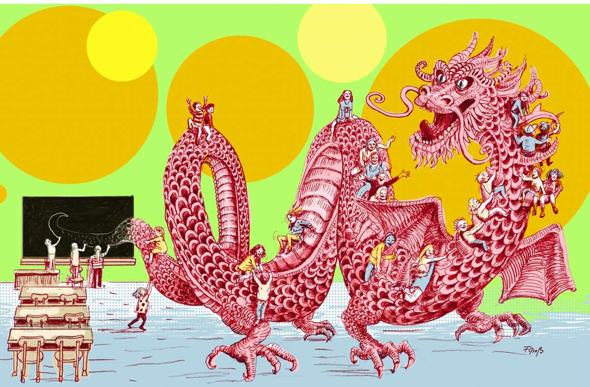 Drachenbesuch im Klassenzimmer – Schulkinder im Glück:   In der westlichen Mythologie gelten Drachen  als furchterregende Ungeheuer, in China stehen sie  für Glück und Güte.