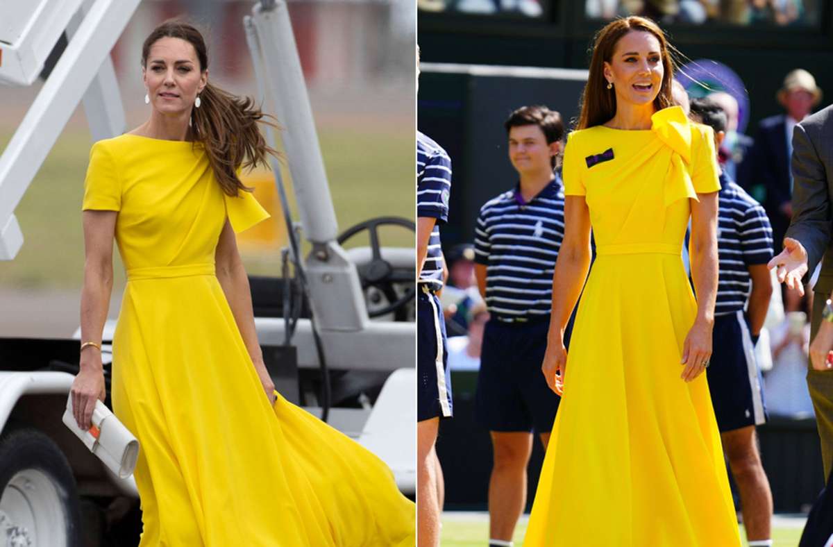 Sommerliches Gelb: Herzogin Kate recycelt für Wimbledon (rechts) ein Kleid von ihrer Jamaika-Reise.