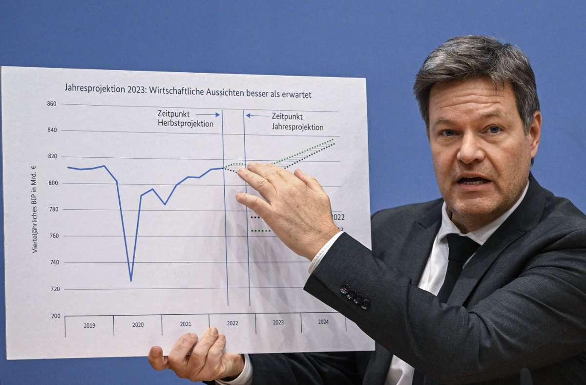 Bundeswirtschaftsminister Robert Habeck demonstriert den wirtschaftlichen Aufwärtstrend. Foto: AFP/Tobias Schwarz