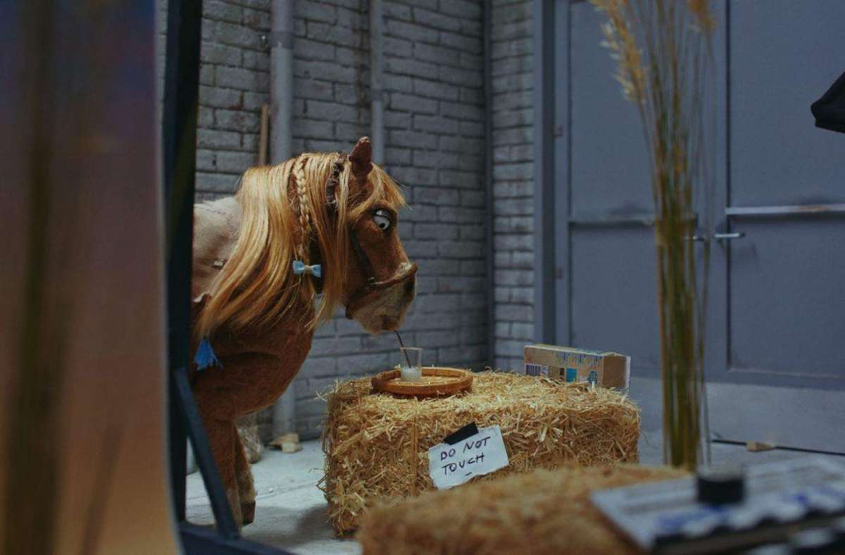 Das Pferd als Darsteller am Filmset versteht nicht, was Hafermilch sein soll: Szene aus dem Werbeclip „Made for Hoomans“ von Marleen Valien