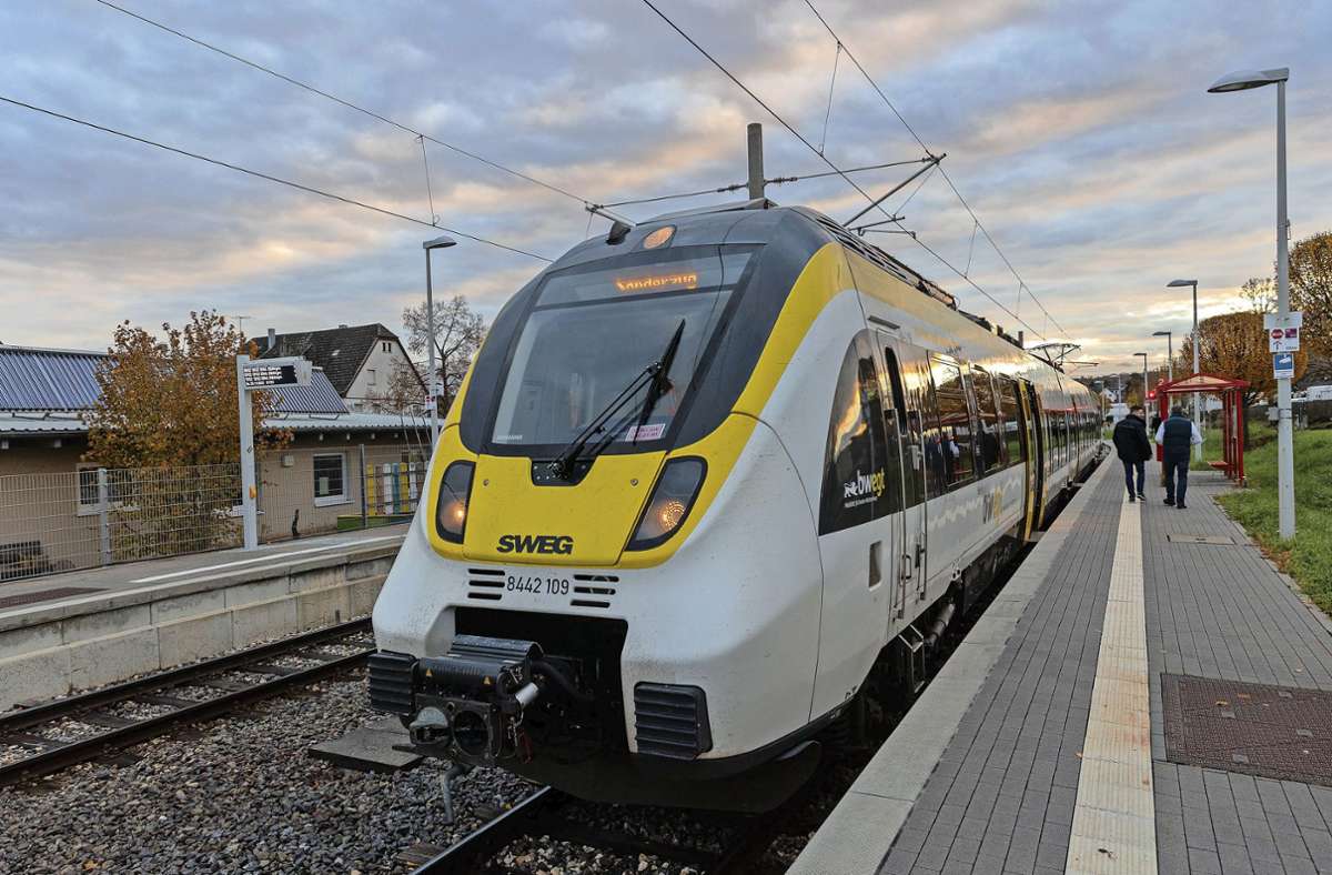 Am  Sonntagmorgen steht der Zug der Baureihe Bombardier Talent zur Probefahrt auf der Schönbuchbahn-Strecke bereit.